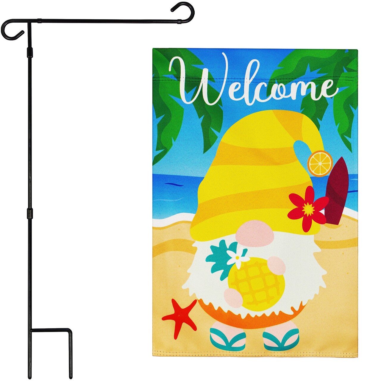 G128 Combo Pack: Garden Flag Stand Black 36 in x 16 in & Garden Flag Summer Decoration Welcome Gnome at Beach with Pineapple 12"x18" Double-Sided Blockout Fabric